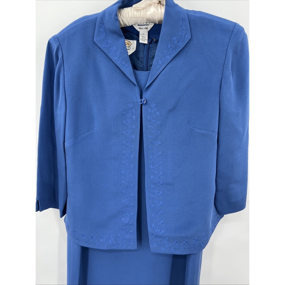 Vtg Y2K Talbots Petite Blue 100% Silk 2 Piece Dress Jacket Set 2P Career Formal - Picture 13 of 16